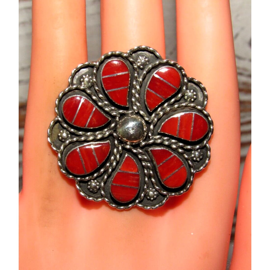 Large Zuni Coral Inlay Statement Ring Sz 8 Faye Lowsayatee