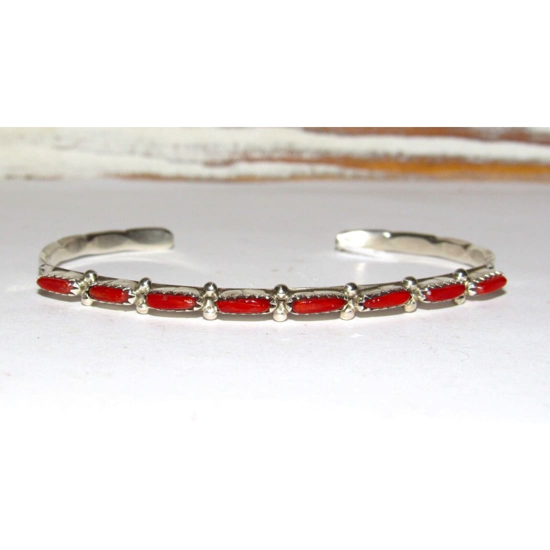 Zuni Coral Petit Point Stacker Cuff Bracelet Sterling Silver
