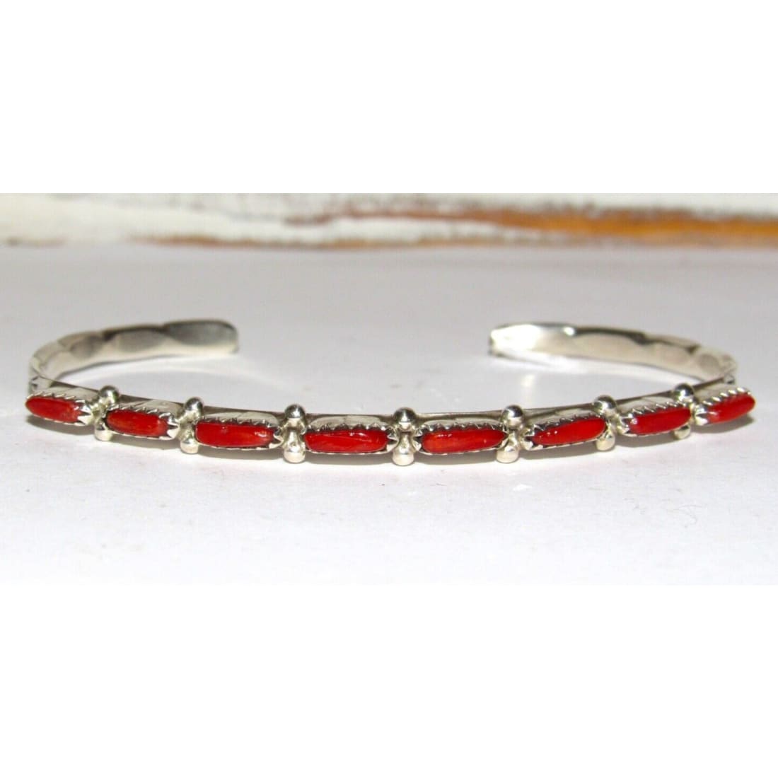 Zuni Coral Petit Point Stacker Cuff Bracelet Sterling Silver
