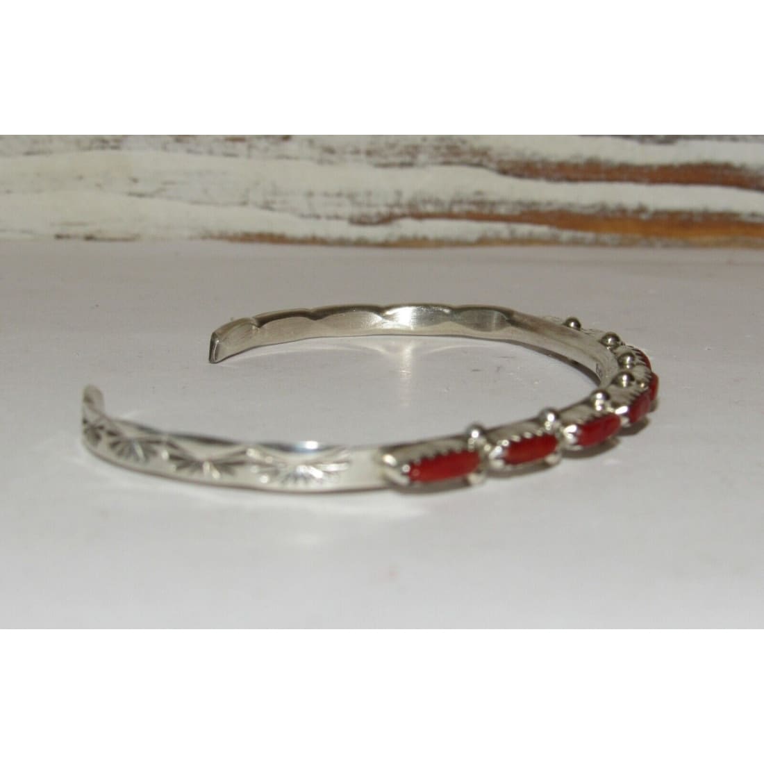 Zuni Coral Petit Point Stacker Cuff Bracelet Sterling Silver