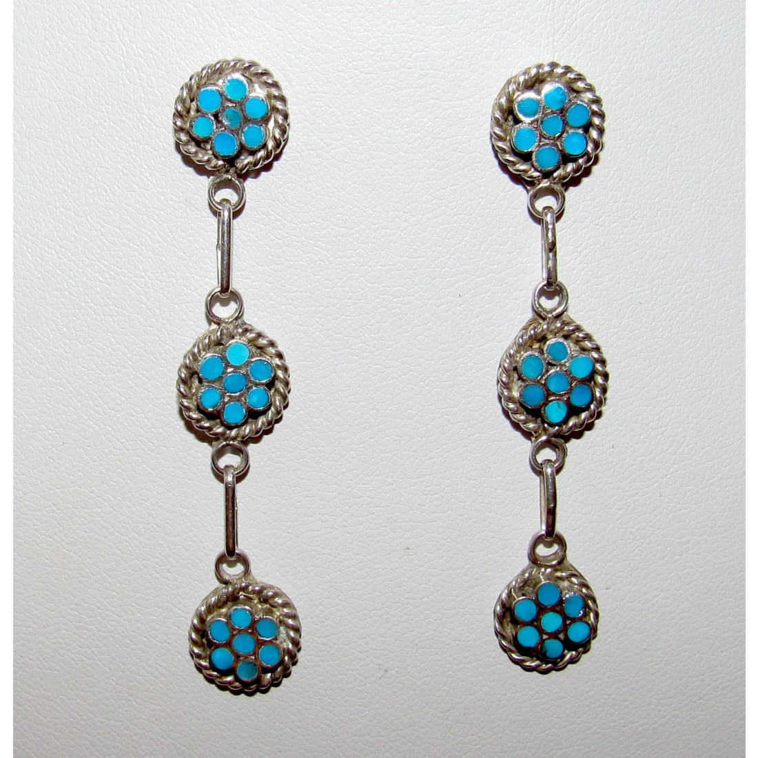 Zuni Dishta Style Inlay Turquoise Dangle Earrings Sterling