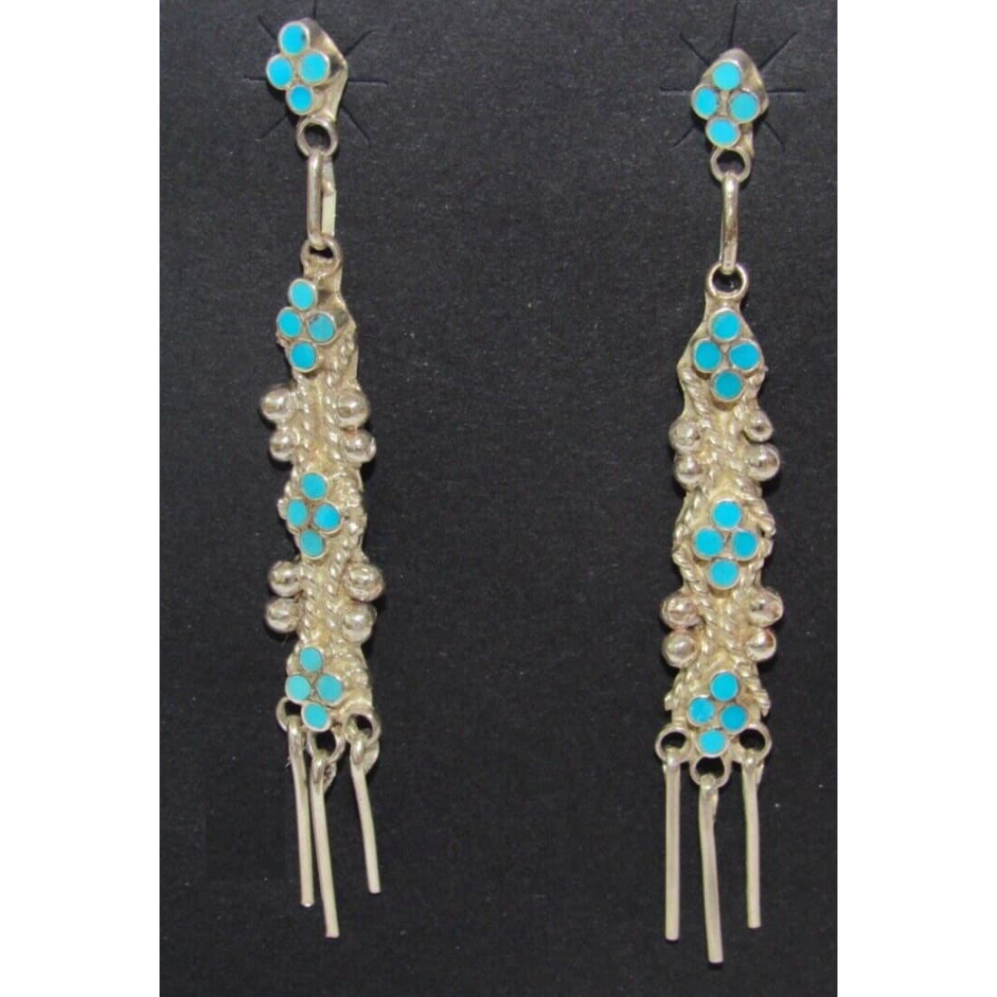 Zuni Dishta Style Inlay Turquoise Dangle Earrings Sterling