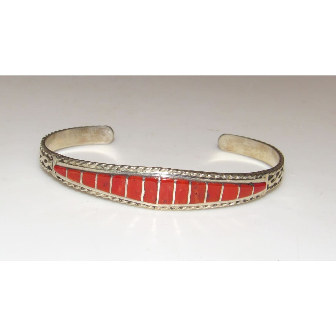 Zuni Inlay Coral Bracelet Sterling Native American D. Luna