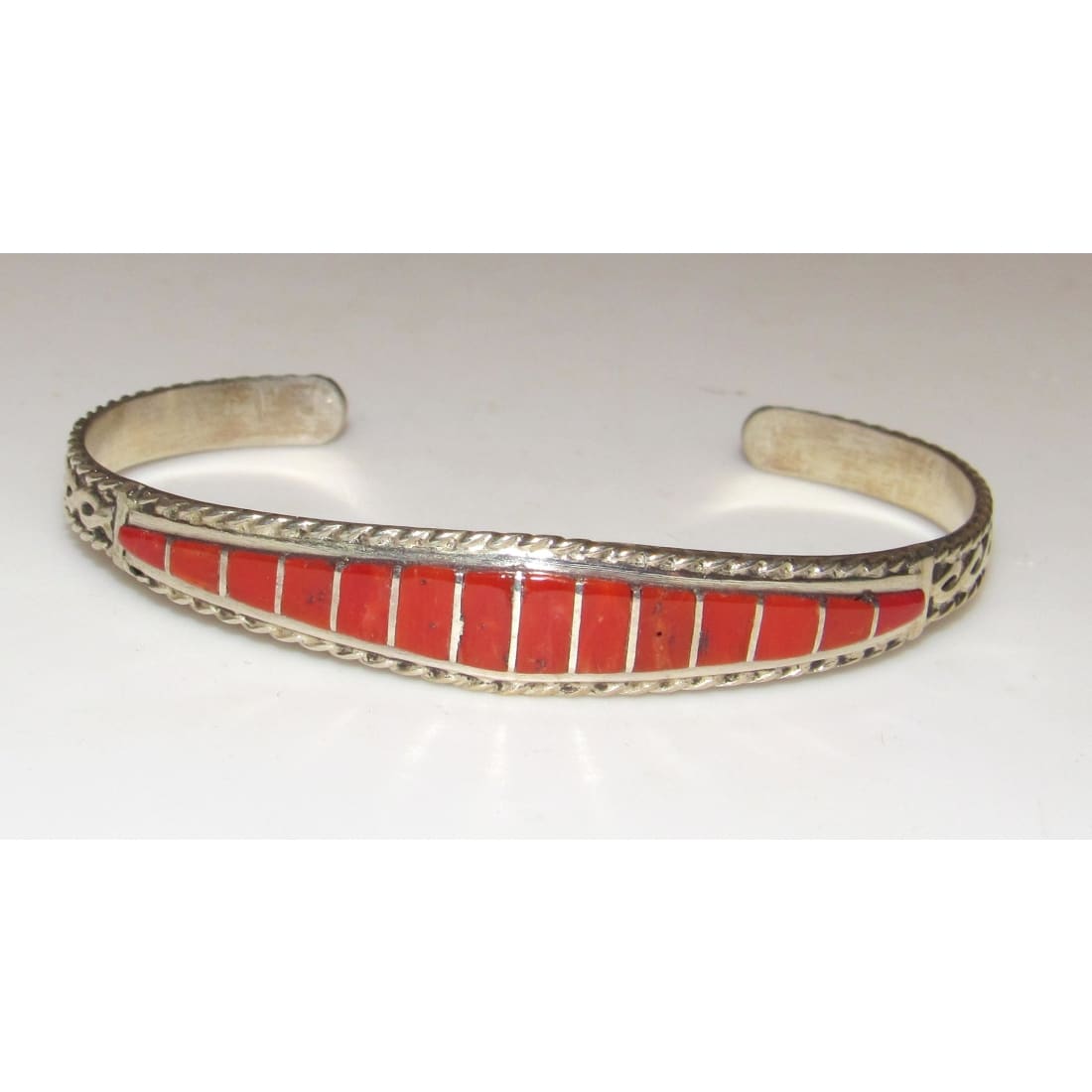 Zuni Inlay Coral Bracelet Sterling Native American D. Luna