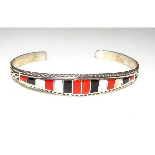 Zuni Inlay Coral Bracelet Sterling Native American D. Luna