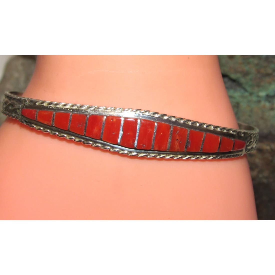 Zuni Inlay Coral Bracelet Sterling Native American D. Luna