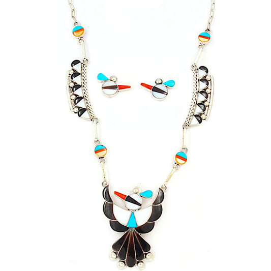 Zuni Inlay Thunderbird Necklace Earrings Set L. Ahiyite