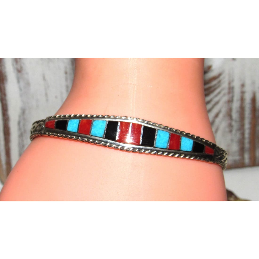 Zuni Inlay Turquoise Coral Bracelet Sterling Native