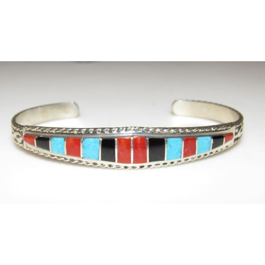 Zuni Inlay Turquoise Coral Bracelet Sterling Native