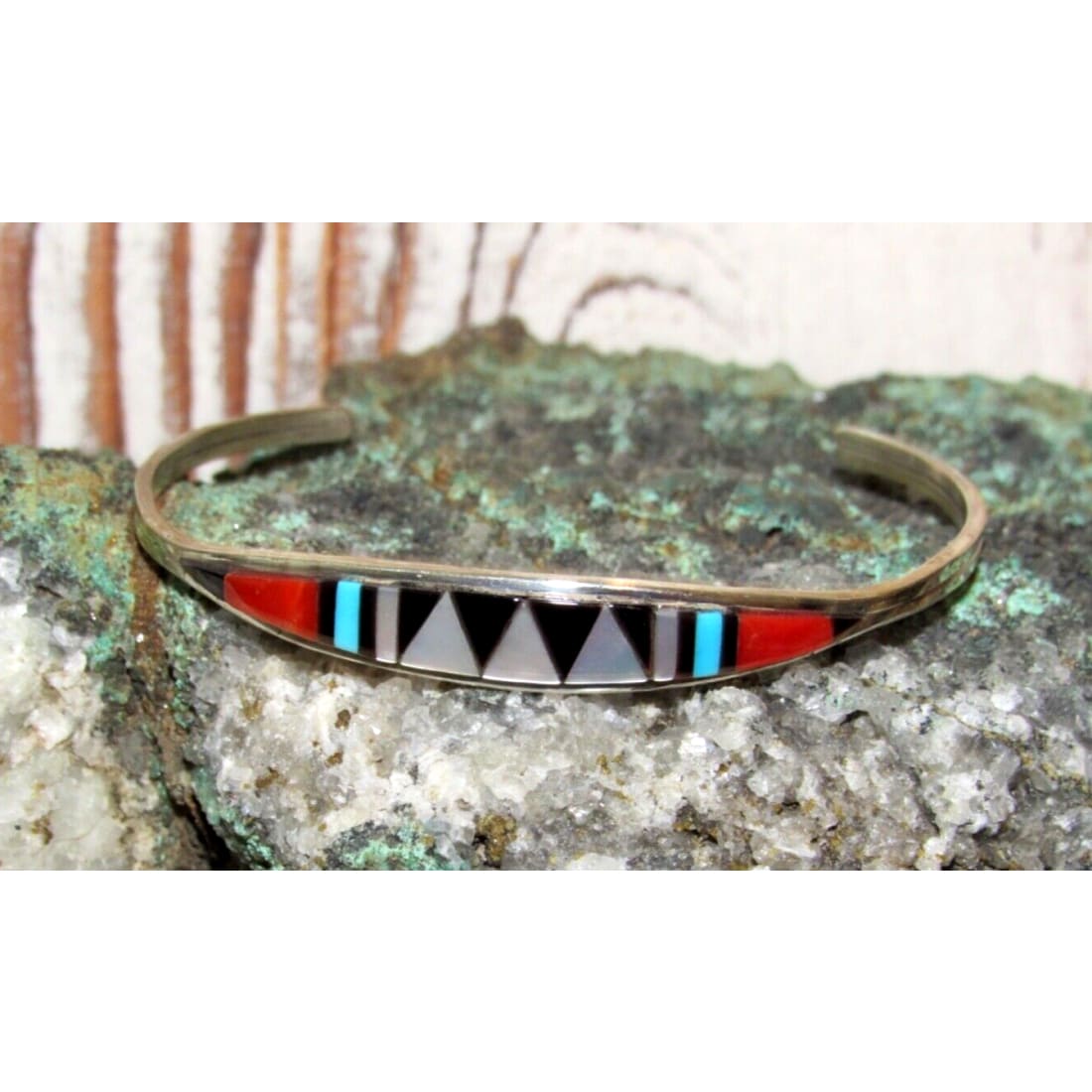 Zuni Inlay Turquoise Coral Bracelet Sterling Silver C.