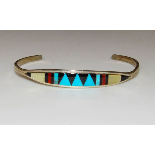 Zuni Inlay Turquoise Coral Bracelet Sterling Silver C.