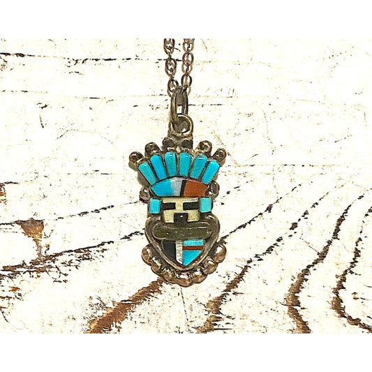 Zuni Kachina Pendant Necklace Sterling Silver Turquoise