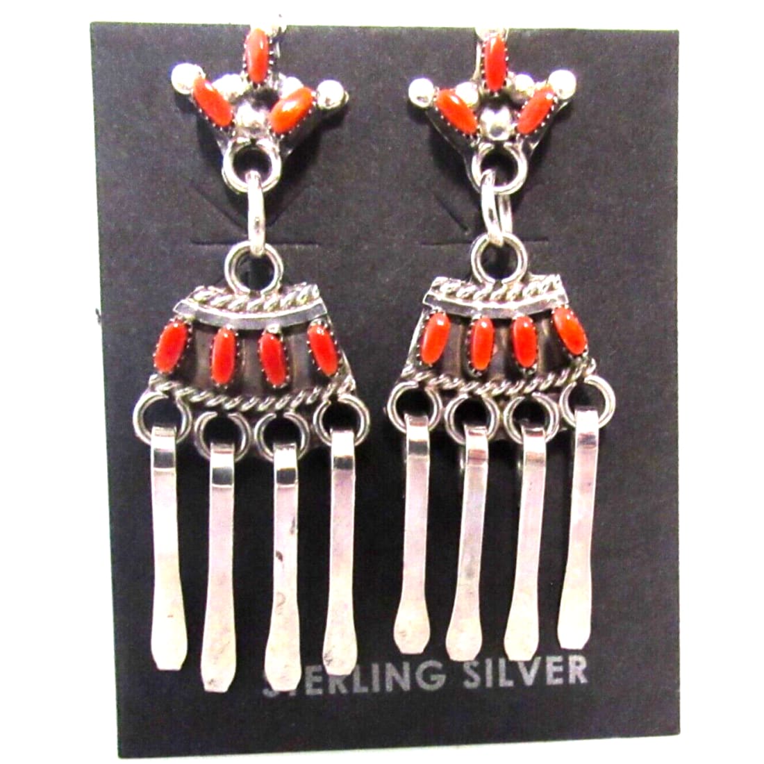 Zuni Mediterranean Coral Dangle Earrings Sterling Silver