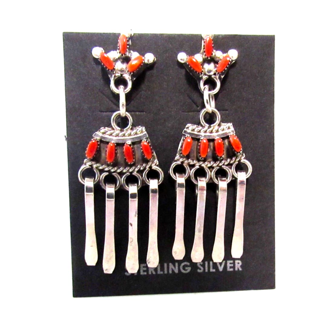 Zuni Mediterranean Coral Dangle Earrings Sterling Silver