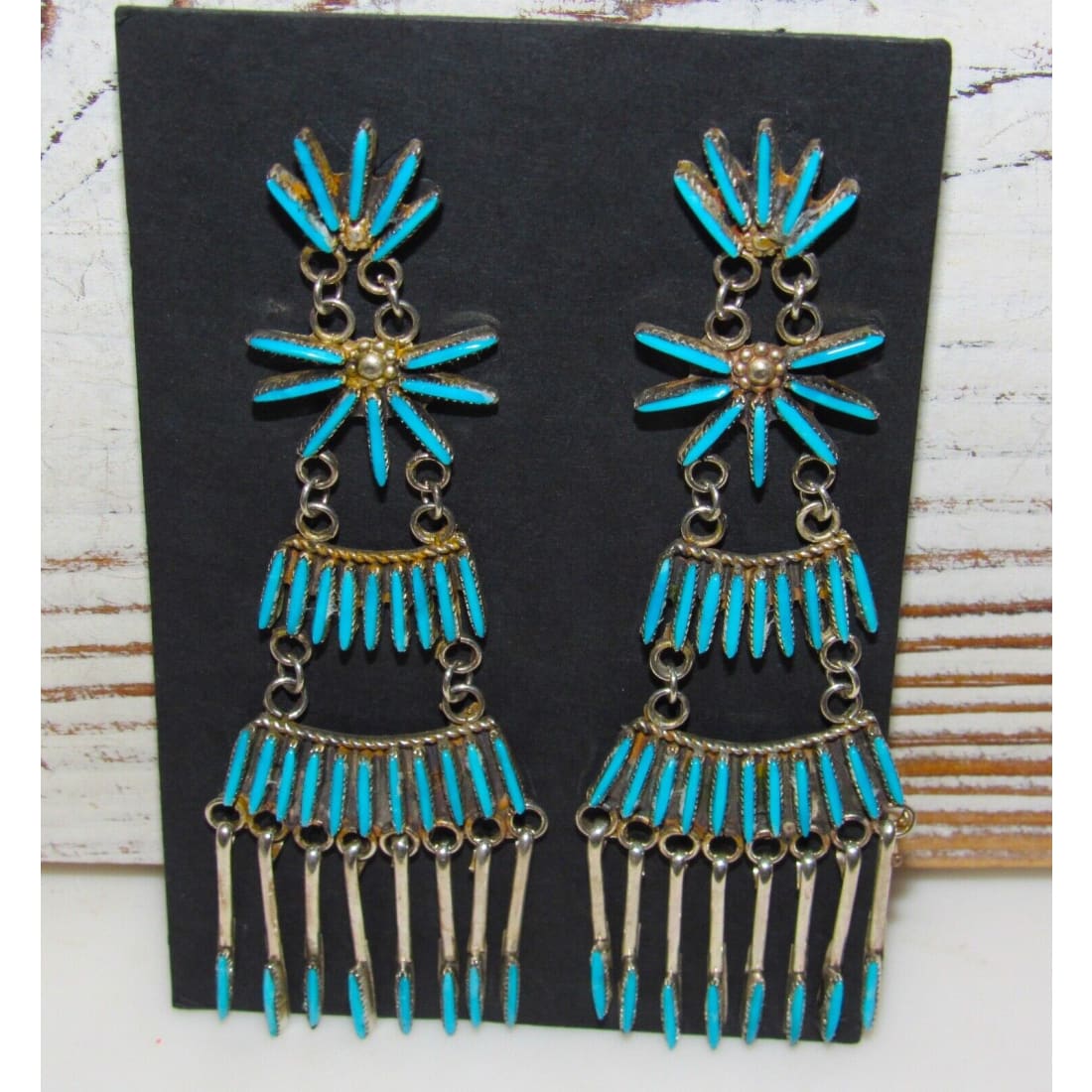 Zuni Needlepoint Turquoise Dangle Statement Earrings