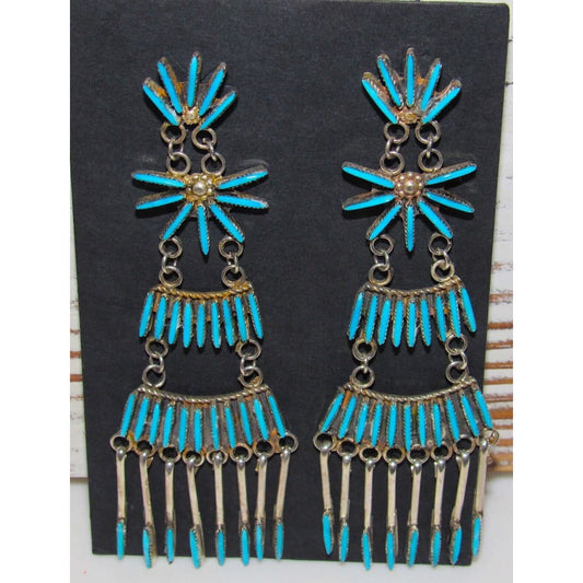 Zuni Needlepoint Turquoise Dangle Statement Earrings