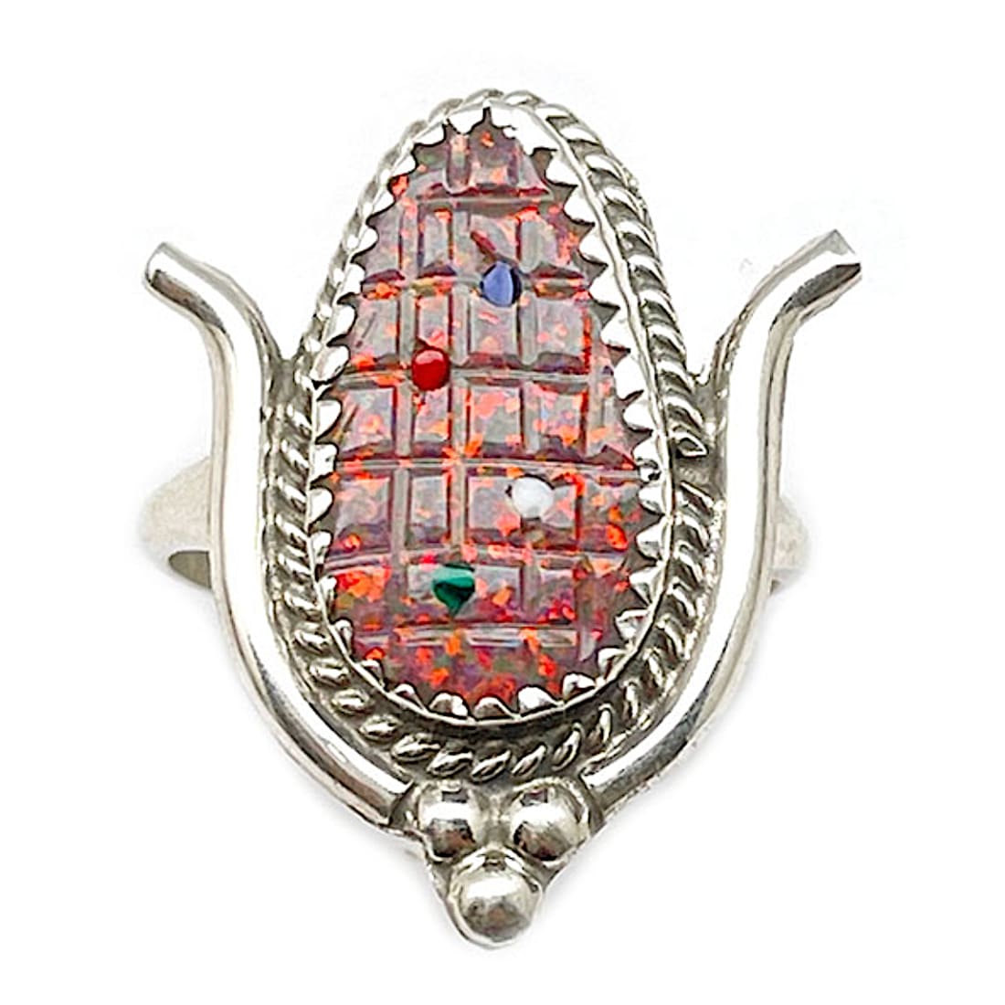 Zuni Opal Corn Maize Ring - Sterling -T. Bowekaty - Size 7.5