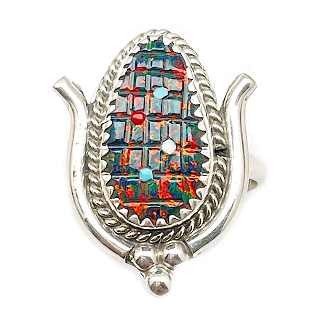 Zuni Opal Corn Maize Ring - Sterling -T. Bowekaty - Size 7 -