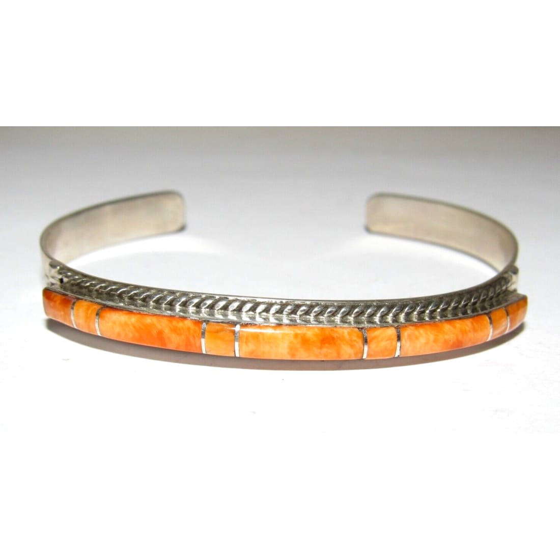 Zuni Orange Spiny Inlay Stacker Cuff Bracelet Sterling