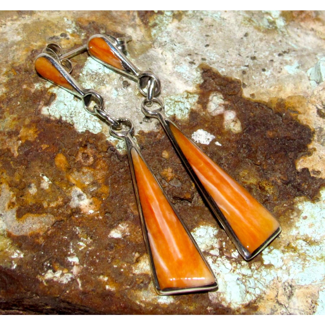 Zuni Orange Spiny Oyster Sterling Silver Dangle Statement