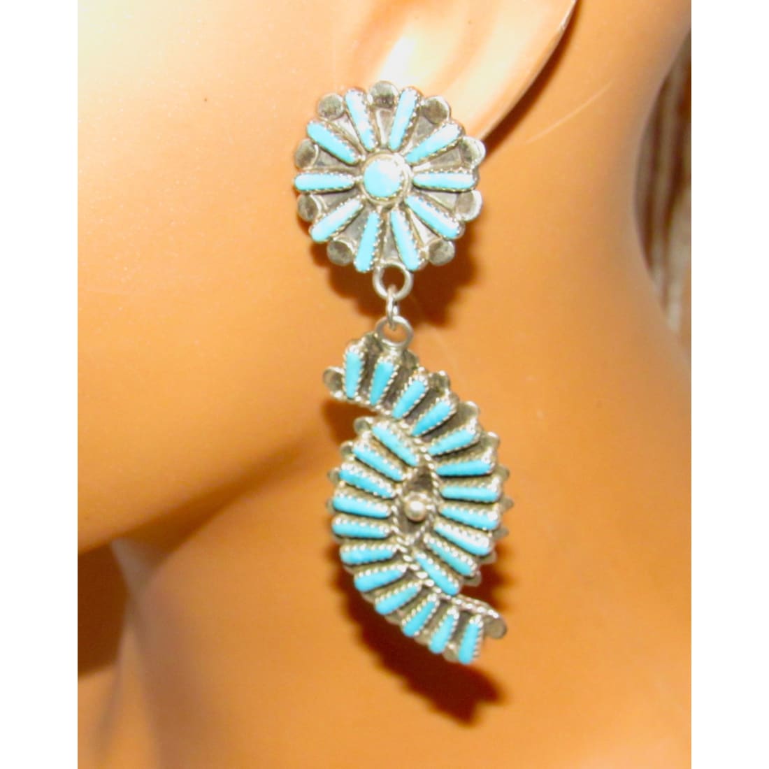 Zuni Petit Point Turquoise Dangle Earrings Sterling V.