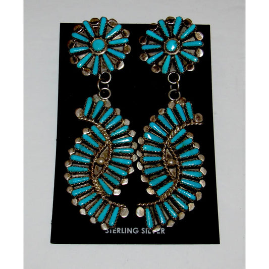 Zuni Petit Point Turquoise Dangle Earrings Sterling V.