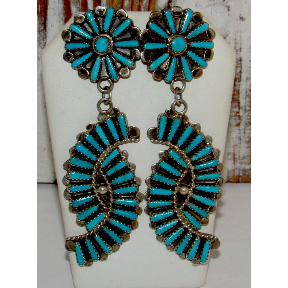 Zuni Petit Point Turquoise Dangle Earrings Sterling V.