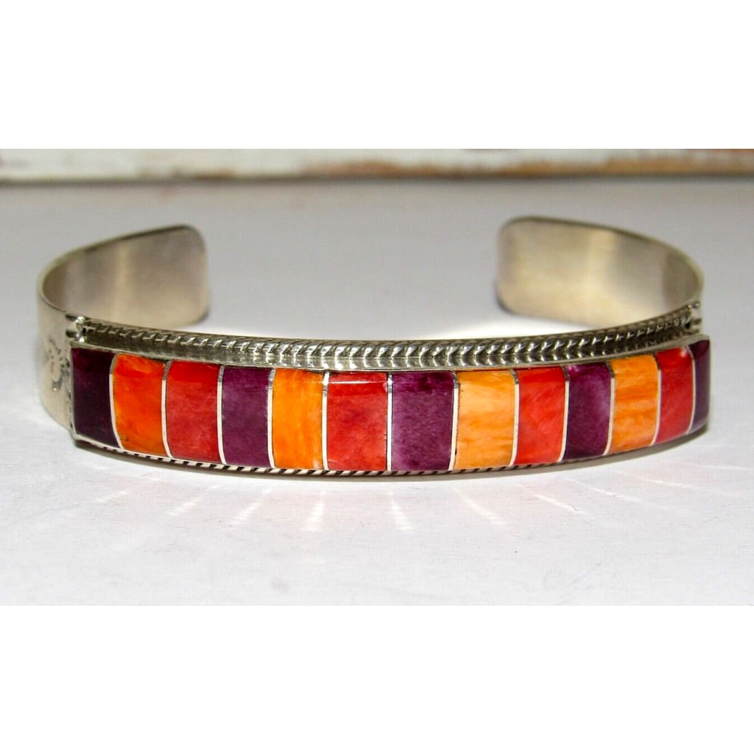 Zuni Red Orange Purple Spiny Inlay Stacker Cuff Bracelet