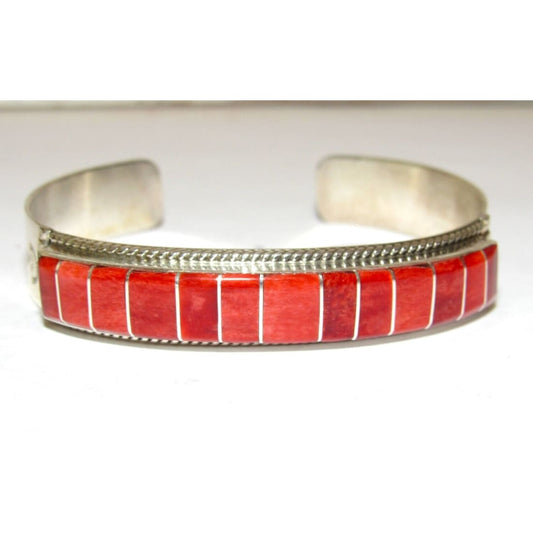 Zuni Red Spiny Inlay Stacker Cuff Bracelet Sterling Native