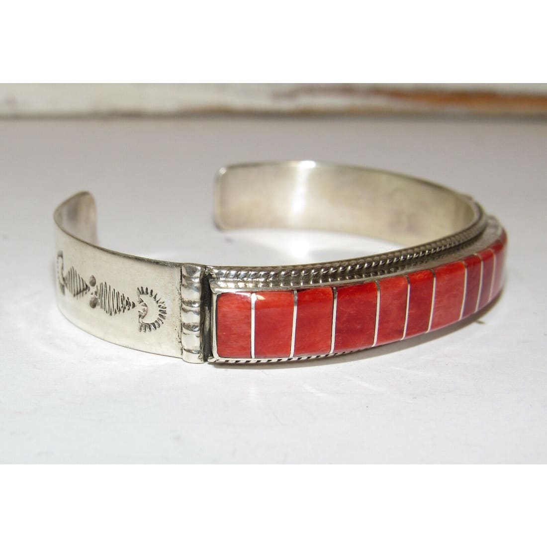 Zuni Red Spiny Inlay Stacker Cuff Bracelet Sterling Native