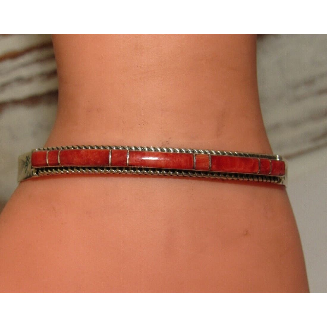 Zuni Red Spiny Inlay Stacker Cuff Bracelet Sterling Native