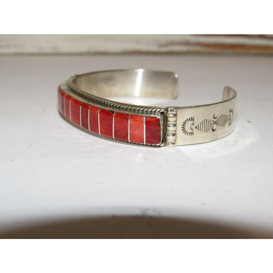 Zuni Red Spiny Inlay Stacker Cuff Bracelet Sterling Native