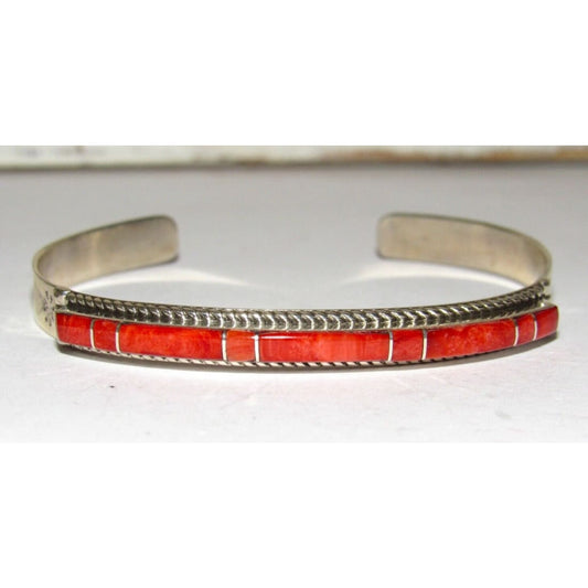 Zuni Red Spiny Inlay Stacker Cuff Bracelet Sterling Native