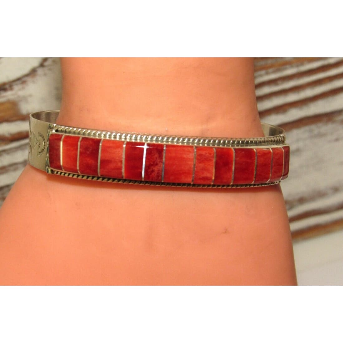 Zuni Red Spiny Inlay Stacker Cuff Bracelet Sterling Native