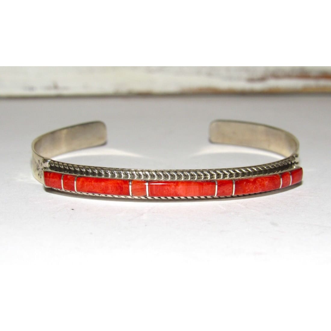 Zuni Red Spiny Inlay Stacker Cuff Bracelet Sterling Native