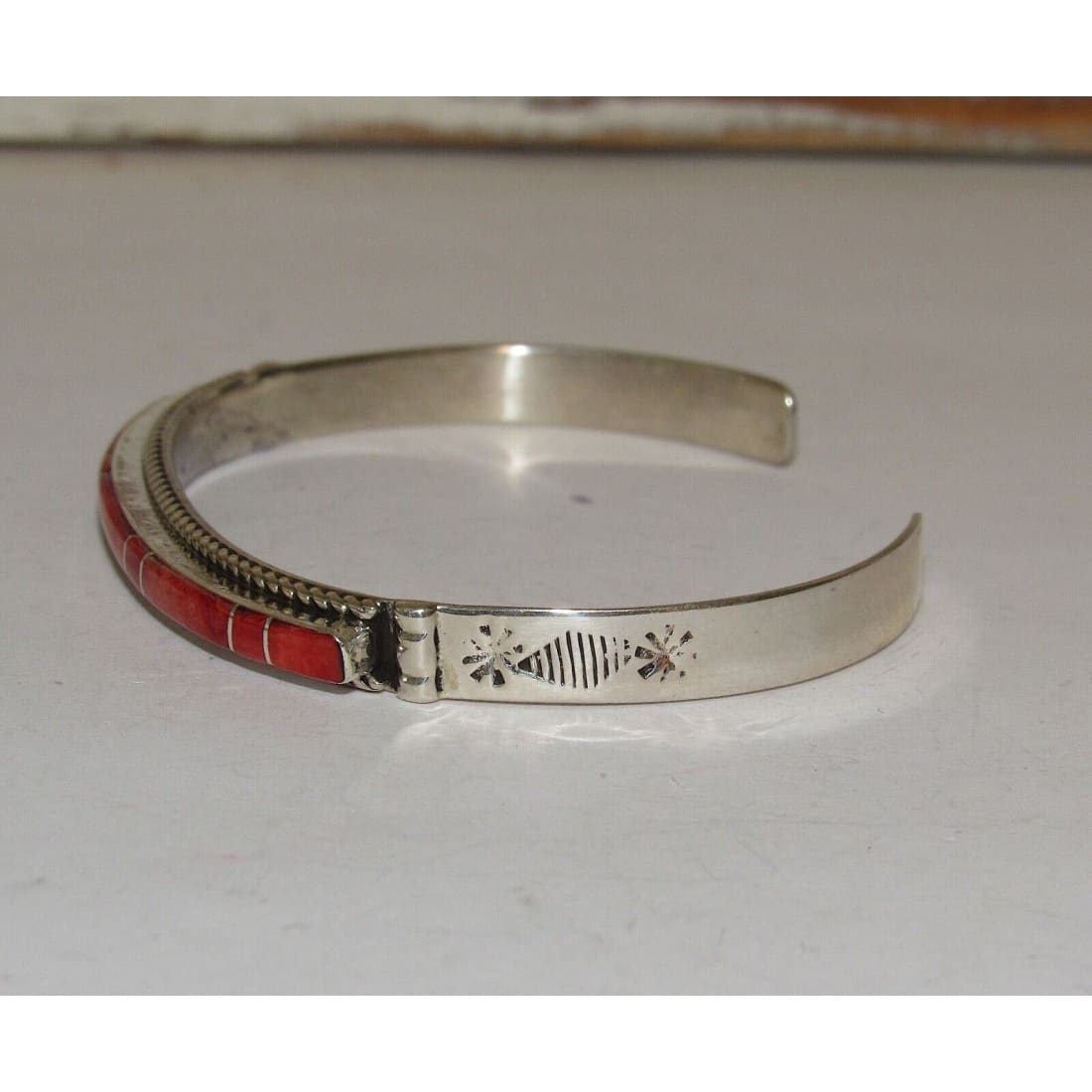 Zuni Red Spiny Inlay Stacker Cuff Bracelet Sterling Native