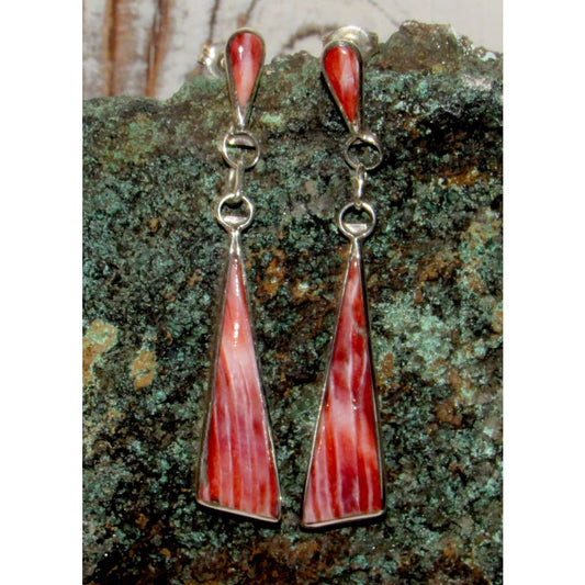 Zuni Red Spiny Oyster Sterling Silver Dangle Statement