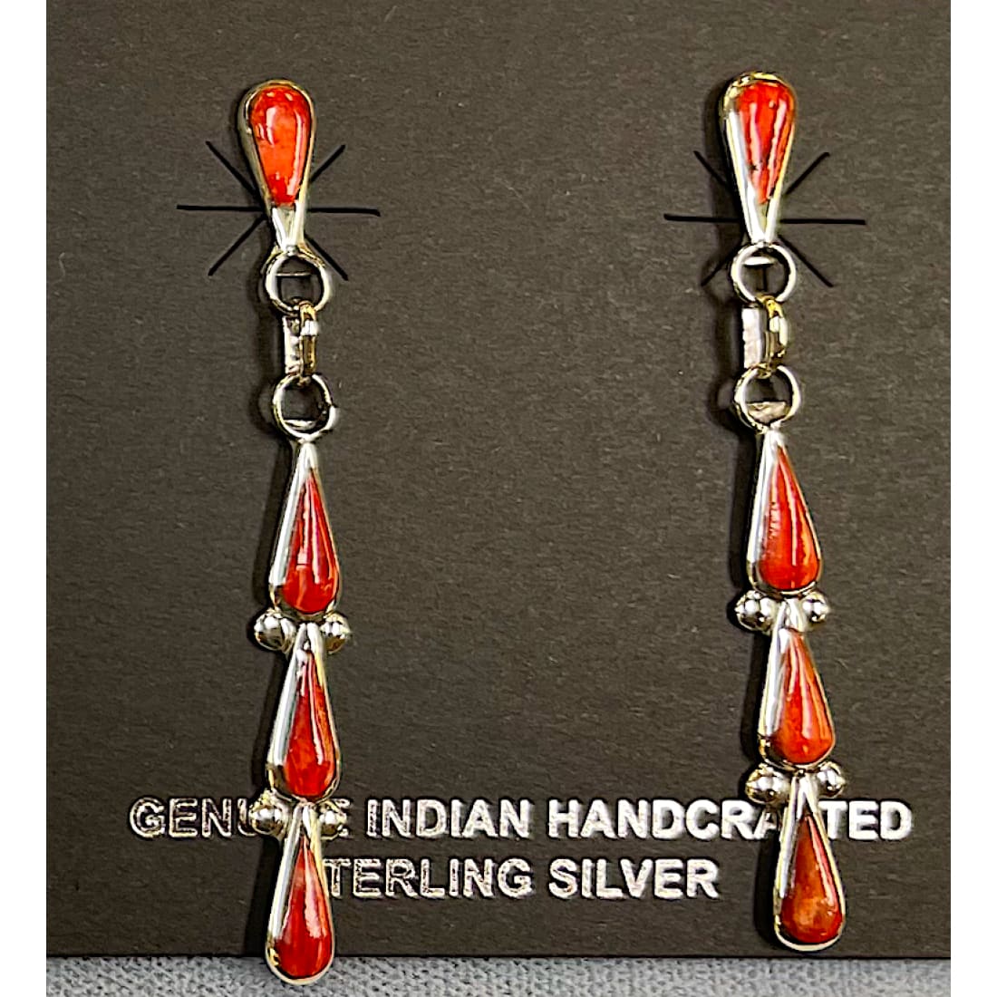 Zuni Red Spiny Oyster Sterling Silver Dangle Statement