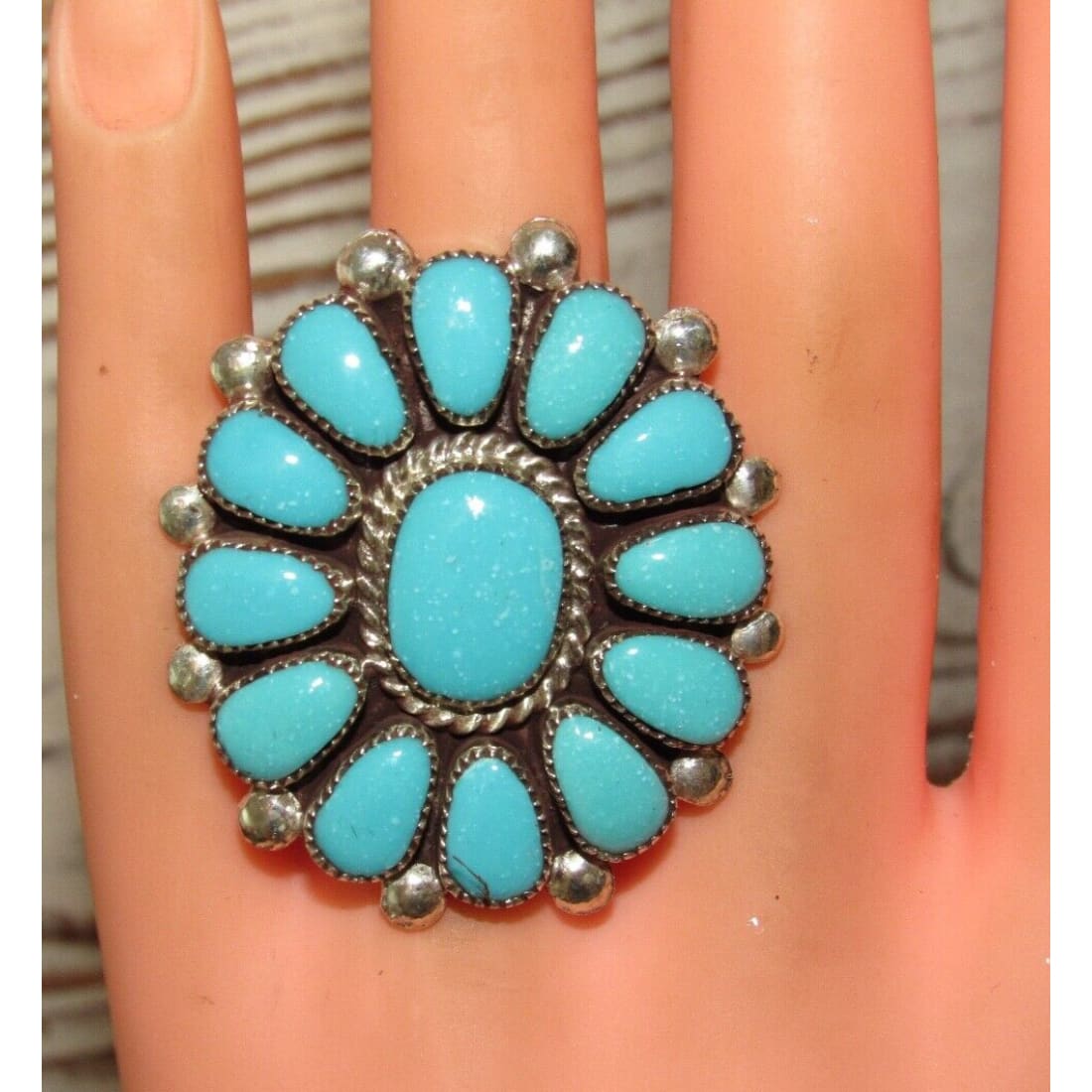 Zuni Royston Turquoise Statement Cluster Ring Sz 8 Sterling