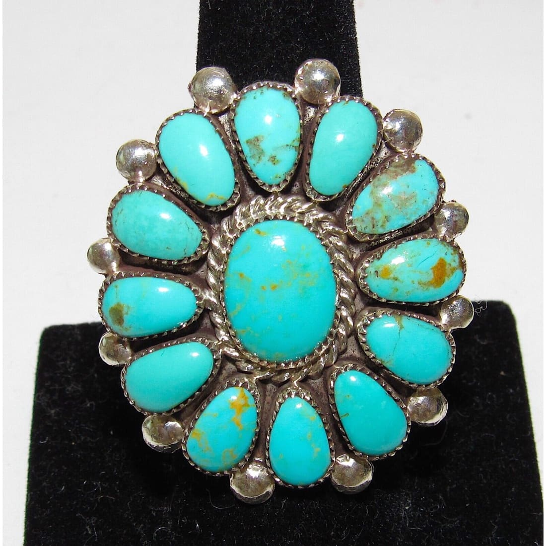 Zuni Royston Turquoise Statement Cluster Ring Sz 9 Sterling