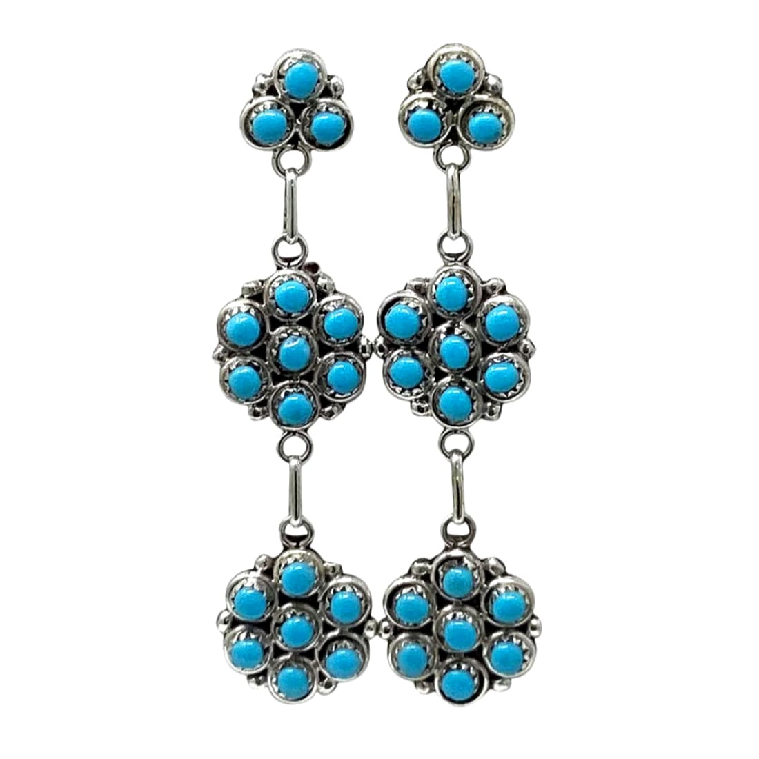Zuni Snake Eye Turquoise Cluster Dangle Earrings Sterling