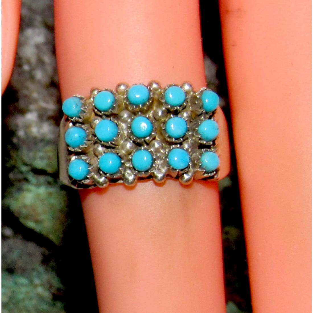 Zuni Snake Eye Turquoise Cluster Ring Size 6.5 Sterling