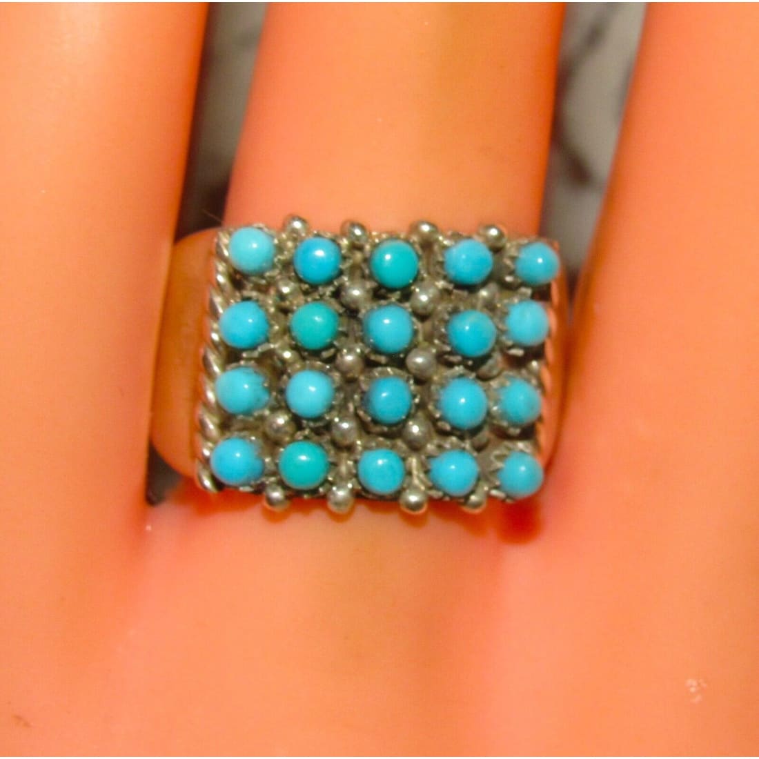 Zuni Snake Eye Turquoise Cluster Ring Size 8 Sterling Silver