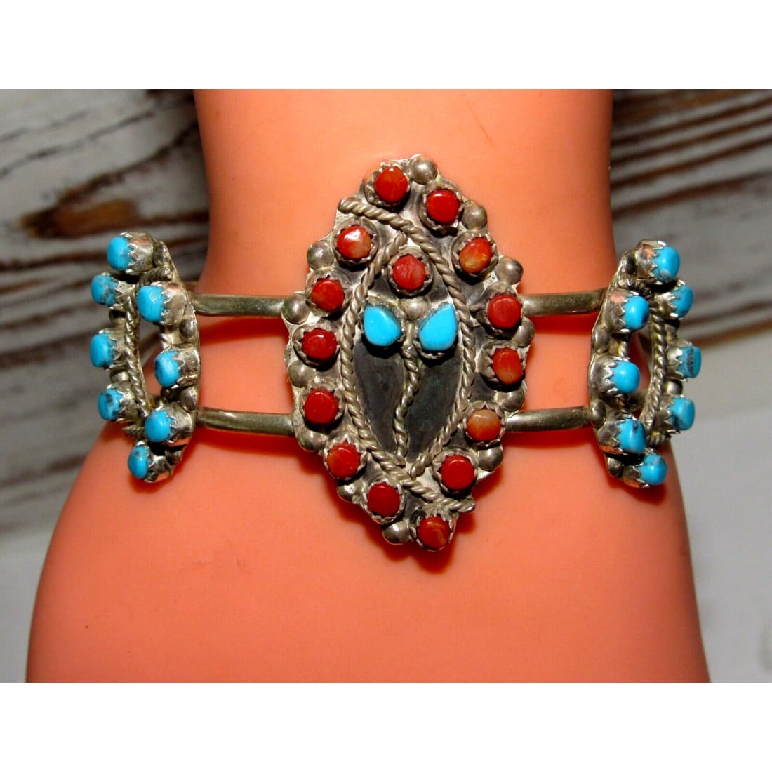 Zuni Snake Eye Turquoise Coral Cuff Bracelet Sterling Silver