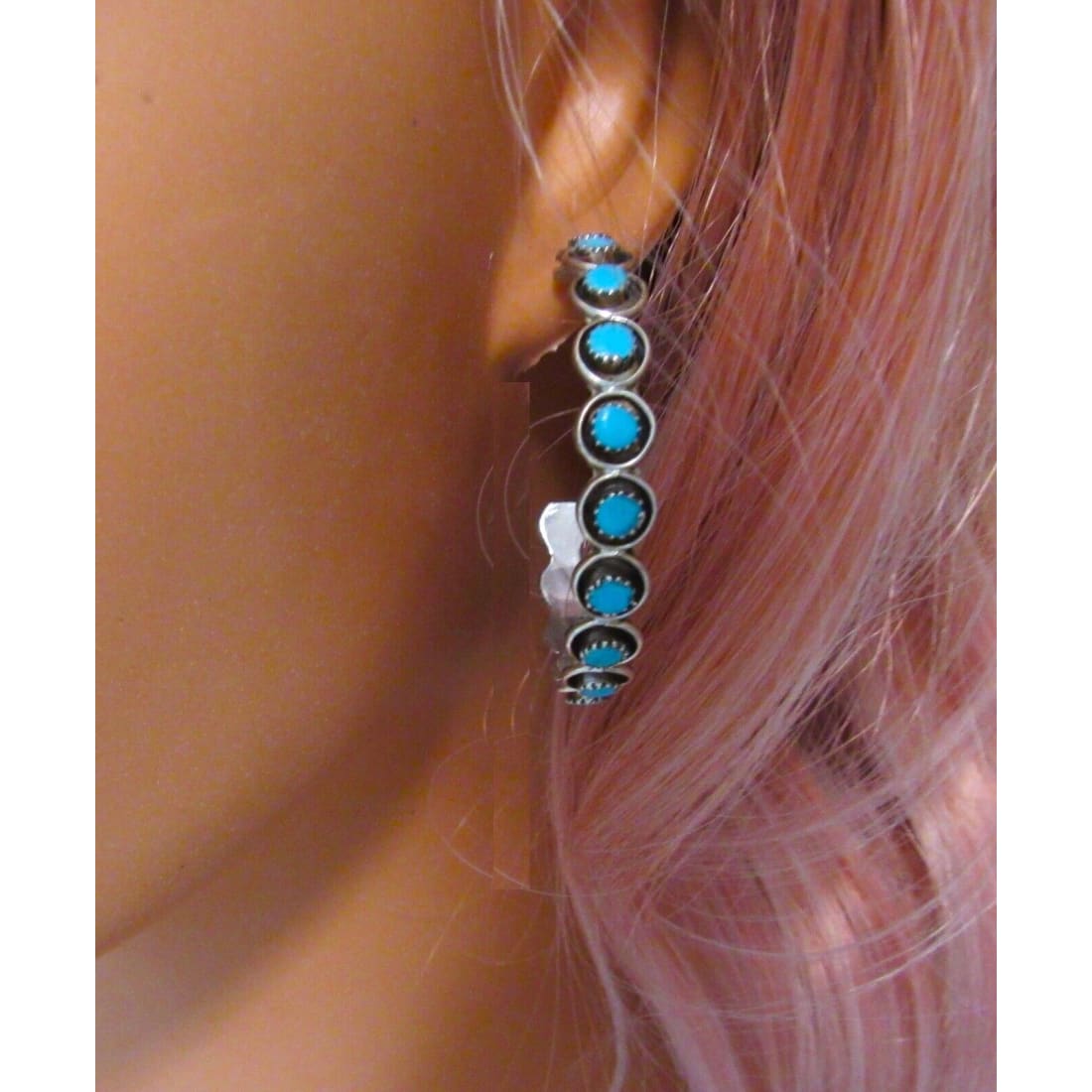 Zuni Snake Eye Turquoise Large Hoop Earrings Sterling Silver