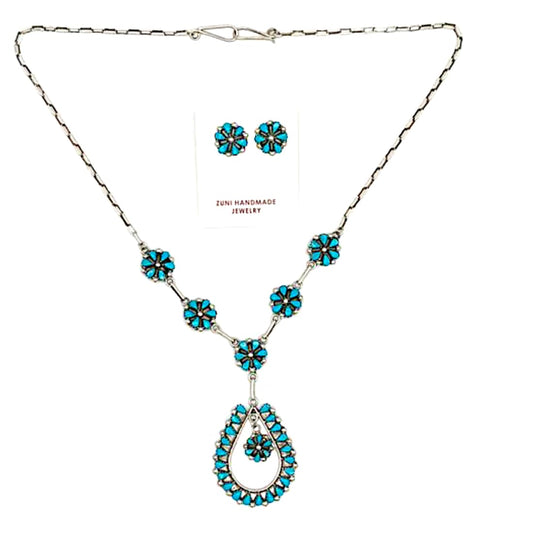 Zuni Turquoise Cluster Necklace Earrings Set Sterling