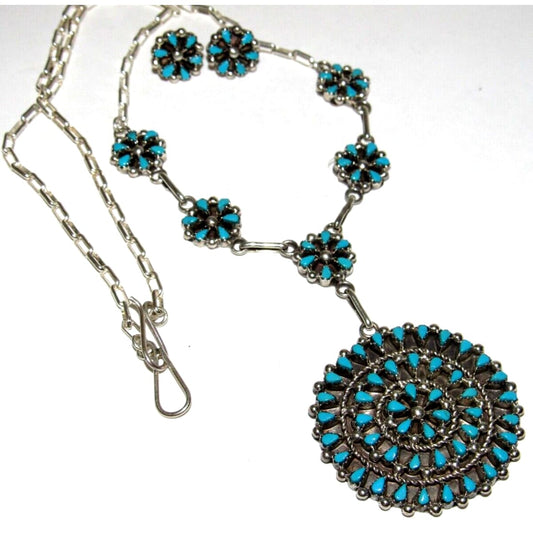 Zuni Turquoise Cluster Necklace Earrings Set Sterling Silver
