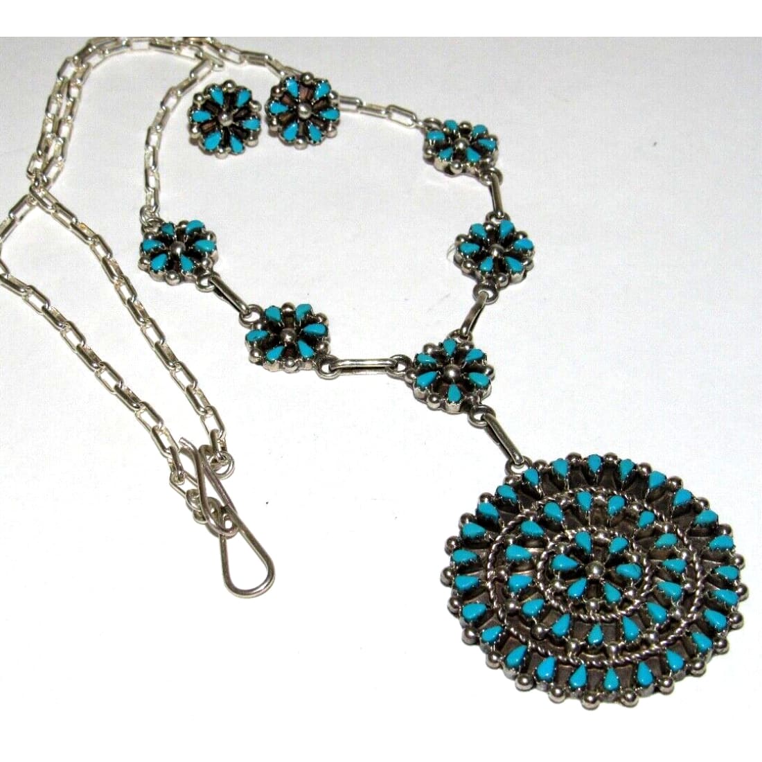 Zuni Turquoise Cluster Necklace Earrings Set Sterling Silver