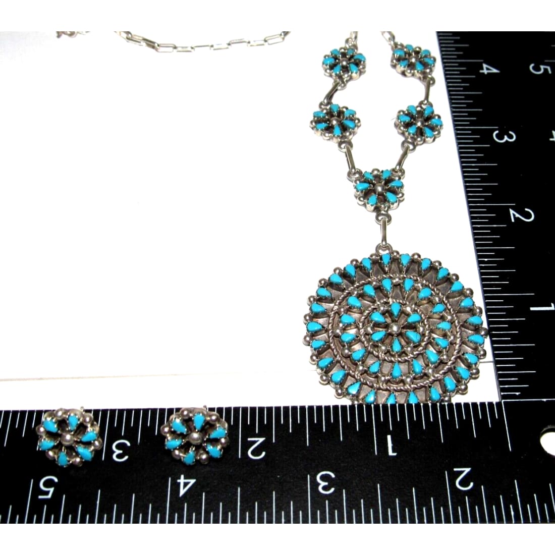 Zuni Turquoise Cluster Necklace Earrings Set Sterling Silver
