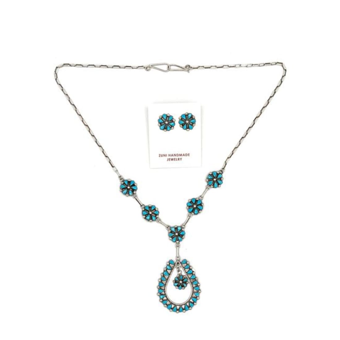 Zuni Turquoise Cluster Necklace Earrings Set Sterling